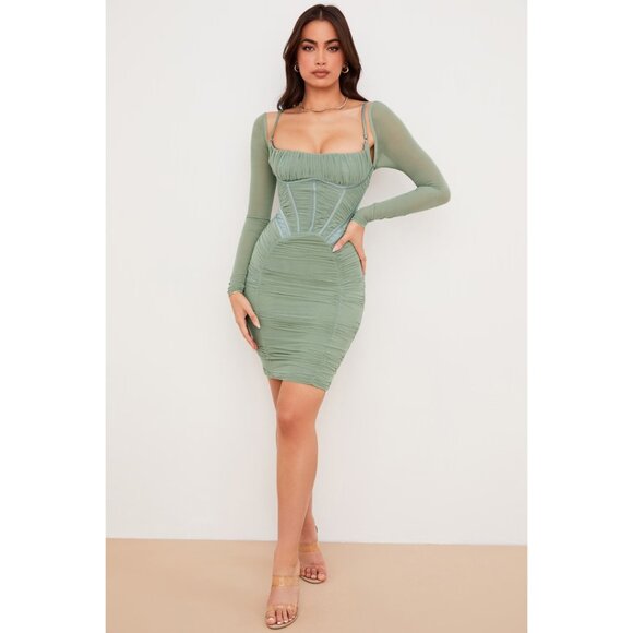 House of CB Freyja Gathered Corset Dress Size M Sage Green Mesh & Satin - Picture 4 of 15